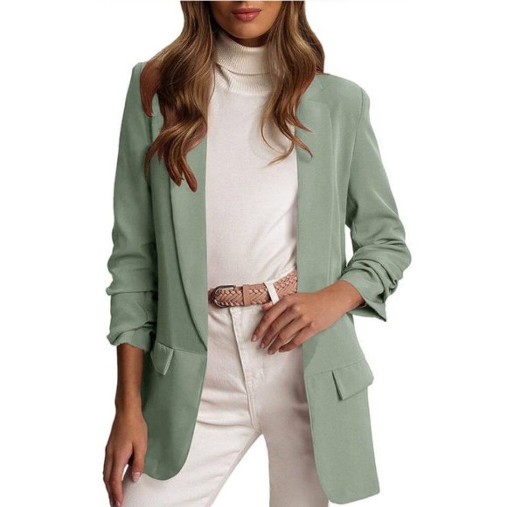 Women's Blazer Open Front Ruched 3/4 Sleeve Green